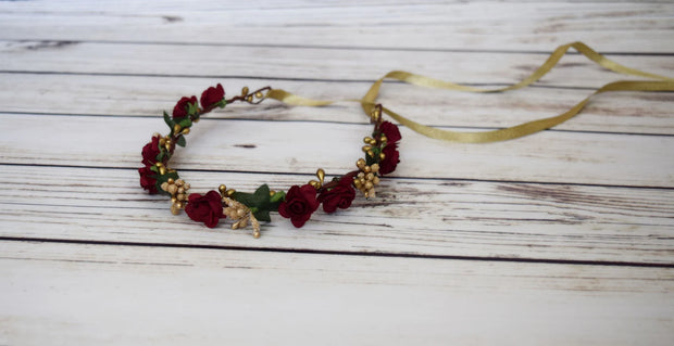 Handcrafted Burgundy and Gold Flower Crown
