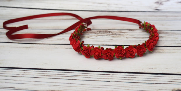 Small Red Roses Flower Girl Crown Bohochic Wedding Hair Bridal Halo Bridesmaid Headpiece