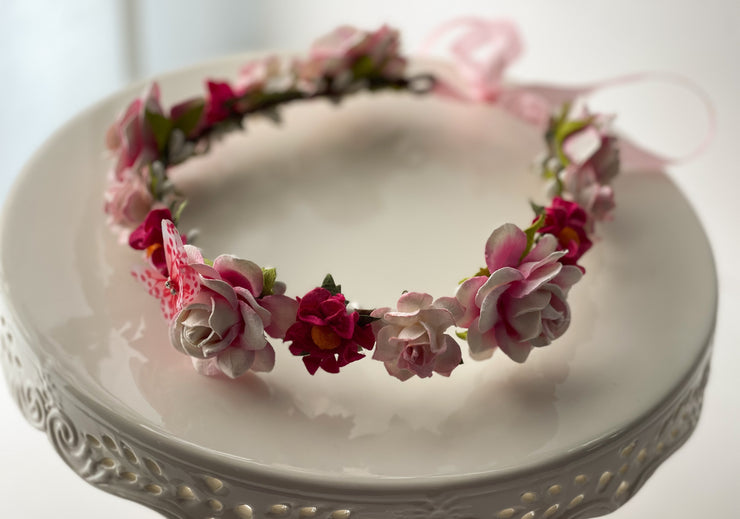 Handcrafted Whimsical Pink Polka Dot Butterfly Flower Crown