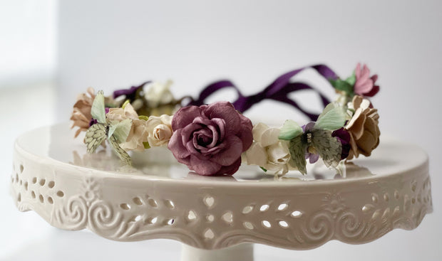 Handcrafted Vintage Sage Purple Ivory and Beige Butterfly Flower Crown