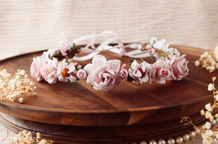 Handmade Pink Floral Headband Roses and Wildflowers Rose Colored Glasses The Pearled Rose Illuminating Darkness Flower Girl Wedding Vintage Boho Headband