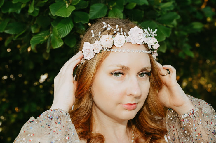 Grimms Fairy Tale Flower Crown Princess Headband Wedding Hair Accessory Woodland The Pearled Rose Illuminating Darkness Wearable Art