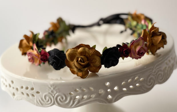 Handcrafted Copper Burgundy Wine and Black Fall Flower Crown