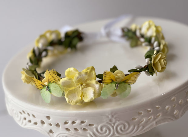 Handcrafted Lemon Yellow White and Green Butterfly Flower Crown