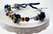 Handcrafted Dollywood Butterfly Sunflower and Navy Blue Flower Crown