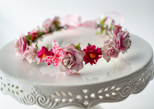 Handcrafted Whimsical Pink Polka Dot Butterfly Flower Crown