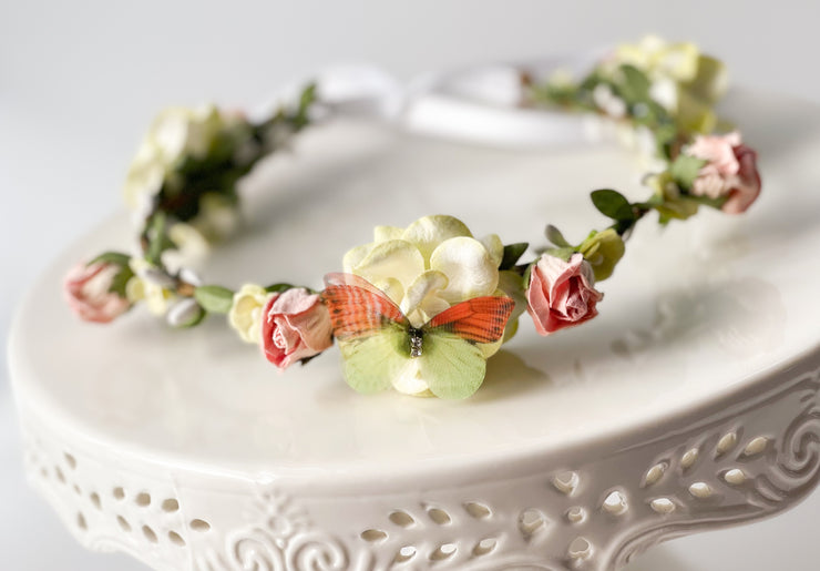 Handcrafted Celery Green and Blush Pink Butterfly Flower Crown