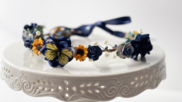 Handcrafted Dollywood Butterfly Sunflower and Navy Blue Flower Crown