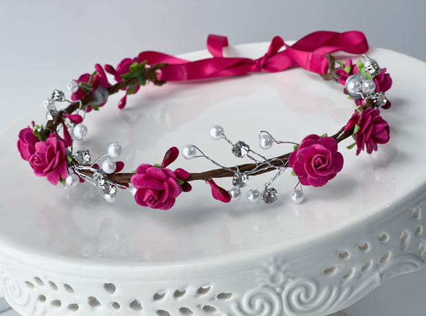 Handcrafted Hot Pink Pearl Rose Flower Crown
