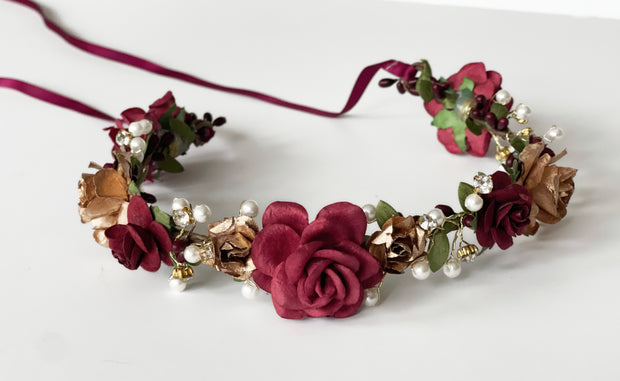 Handcrafted Burgundy and Gold Pearl Flower Crown