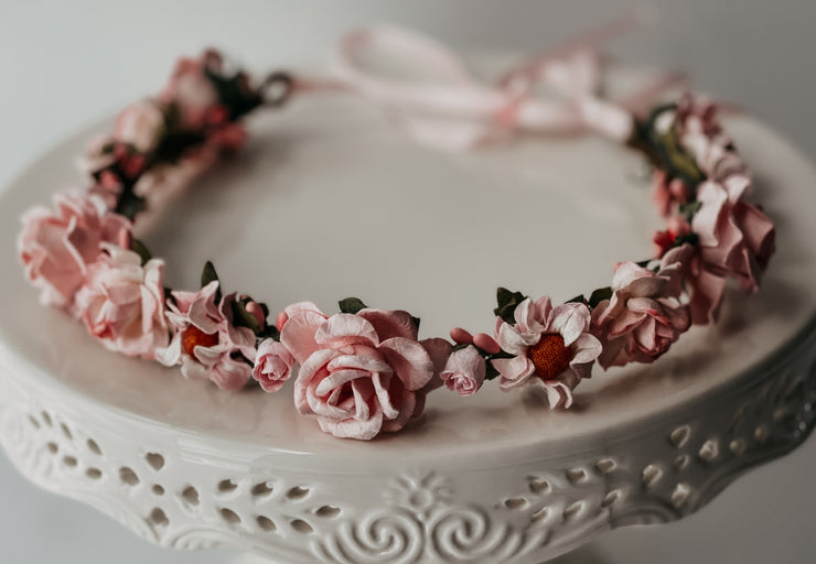 Handmade Pink Floral Headband Roses and Wildflowers Rose Colored Glasses The Pearled Rose Illuminating Darkness Flower Girl Wedding Vintage Boho Headband