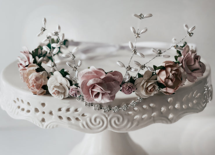 Grimms Fairy Tale Flower Crown Princess Headband Wedding Hair Accessory Woodland The Pearled Rose Illuminating Darkness Wearable Art