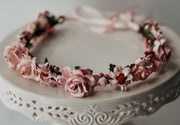 Handmade Pink Floral Headband Roses and Wildflowers Rose Colored Glasses The Pearled Rose Illuminating Darkness Flower Girl Wedding Vintage Boho Headband