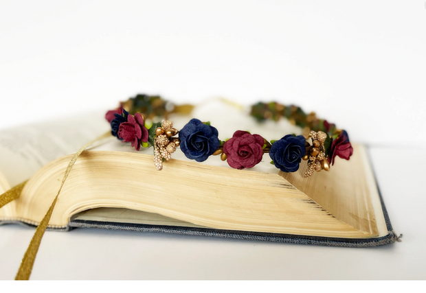 Handcrafted Burgundy Navy and Gold Flower Crown