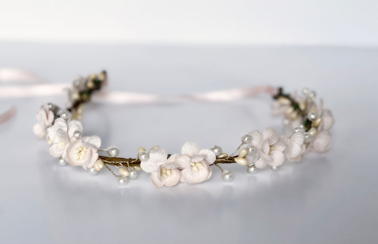 Handcrafted Blush Pink Cherry Blossom Pearl Flower Crown