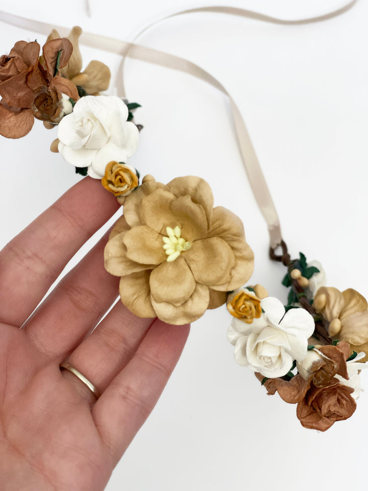 Handcrafted Beige Copper Brown and Ivory Flower Crown