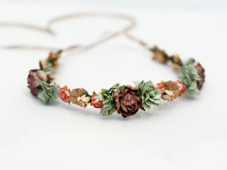 Handcrafted Boho Sage Green Terra Cotta Beige and Brown Flower Crown