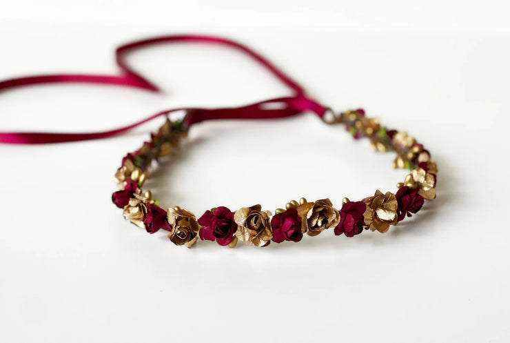 Handcrafted Gold and Burgundy Flower Crown