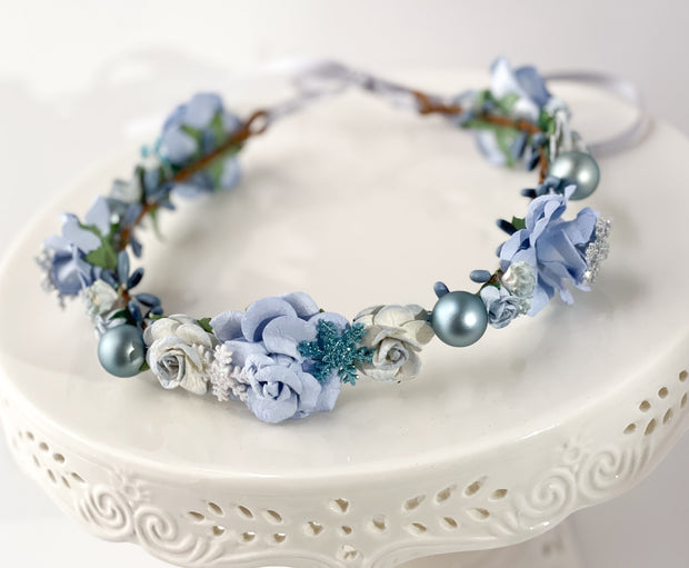 Handcrafted Christmas Blue and Silver Snowflake Ornament Flower Crown