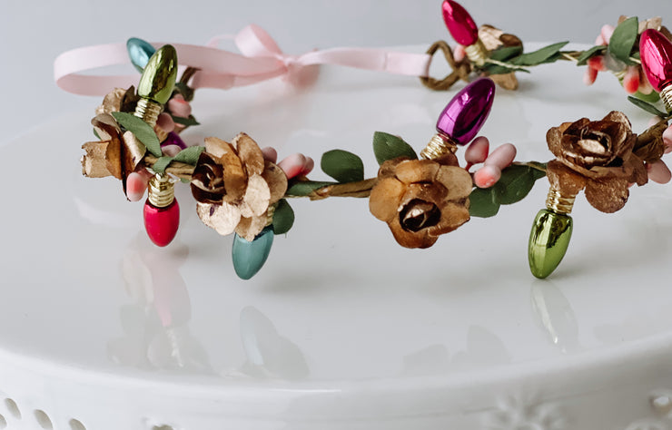 Handcrafted Christmas Lights Gold Rose Flower Crown