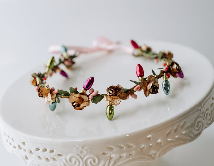 Handcrafted Christmas Lights Gold Rose Flower Crown