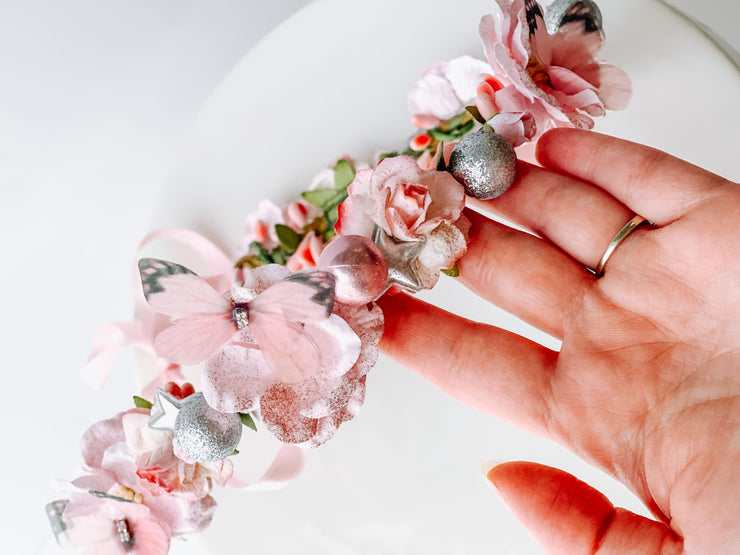 Handcrafted Christmas Pink and Silver Butterfly Ornament Flower Crown