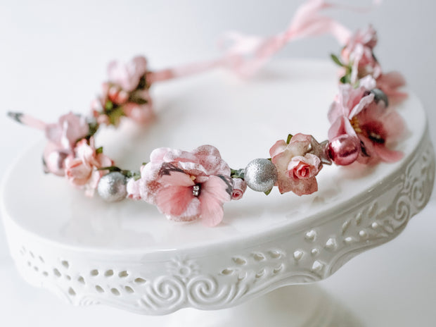 Handcrafted Christmas Pink and Silver Butterfly Ornament Flower Crown