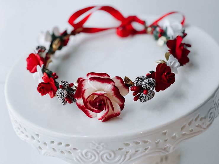 Handcrafted Rustic Red and White Rose Winter Pinecone Flower Crown