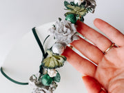 Handcrafted Sparkly Forest Green and Silver Christmas Ornament Flower Crown