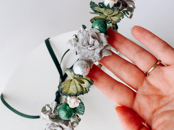Handcrafted Sparkly Forest Green and Silver Christmas Ornament Flower Crown