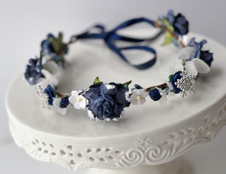 Handcrafted Winter Snowflake Flower Crown of Navy Blue and White