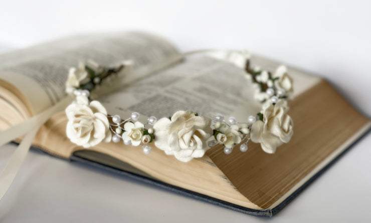 Handcrafted Ivory Rose Pearl Flower Crown
