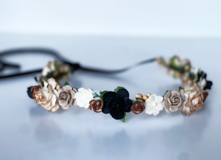 Handcrafted Boho Black Beige and Brown Flower Crown