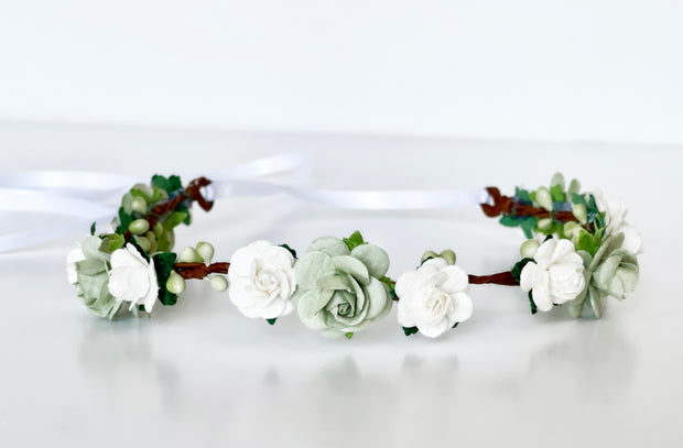 Handcrafted Sage Green and White Flower Crown