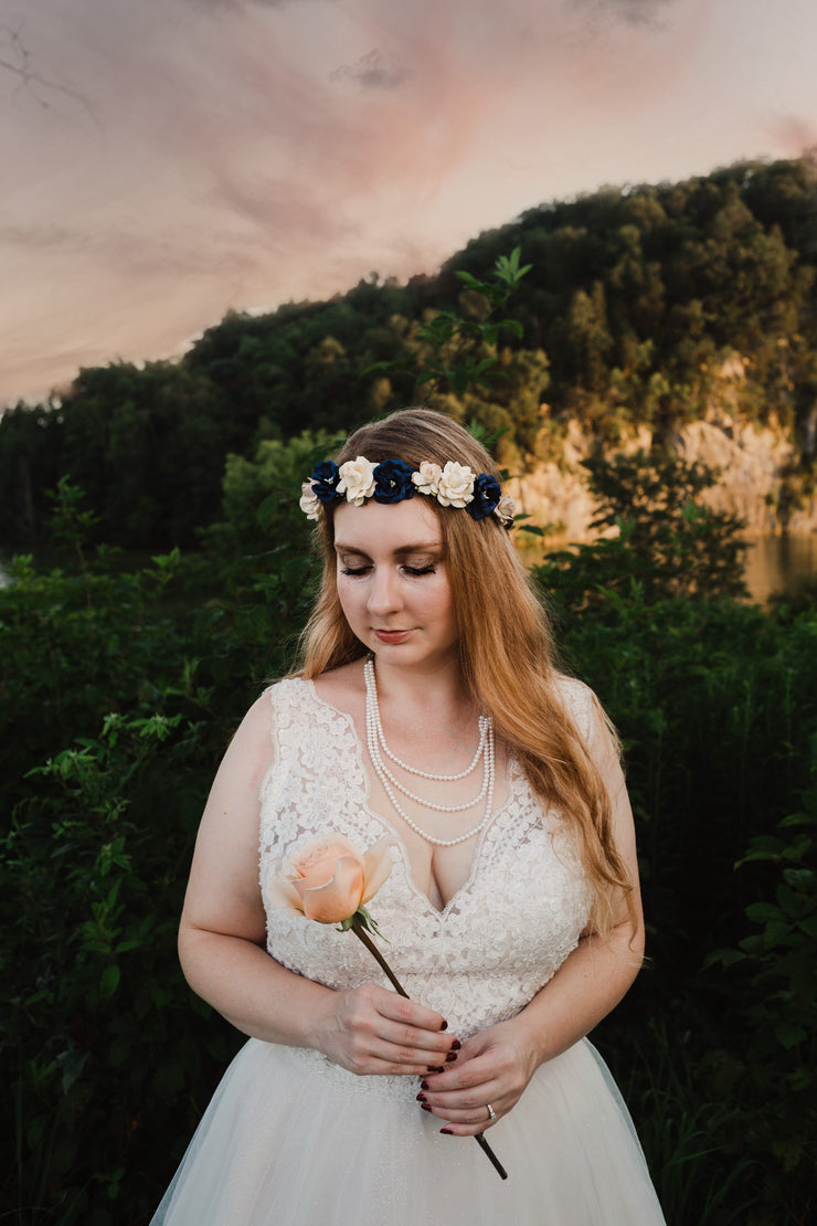 Handcrafted Navy Blue Champagne and Ivory Flower Crown