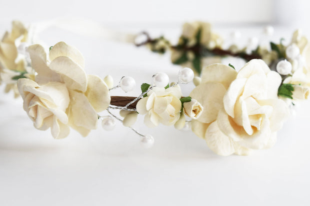 Handcrafted Ivory Rose Pearl Flower Crown