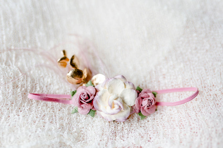 Handcrafted Mauve Ivory and Gold Baby Headband