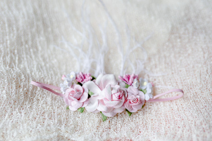 Handcrafted Pink and White Rose Baby Headband