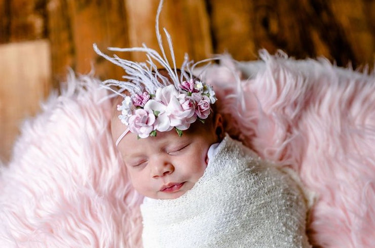 Handcrafted Pink and White Rose Baby Headband
