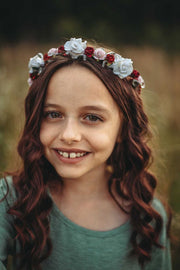 Handcrafted Burgundy White and Pink Flower Girl Crown