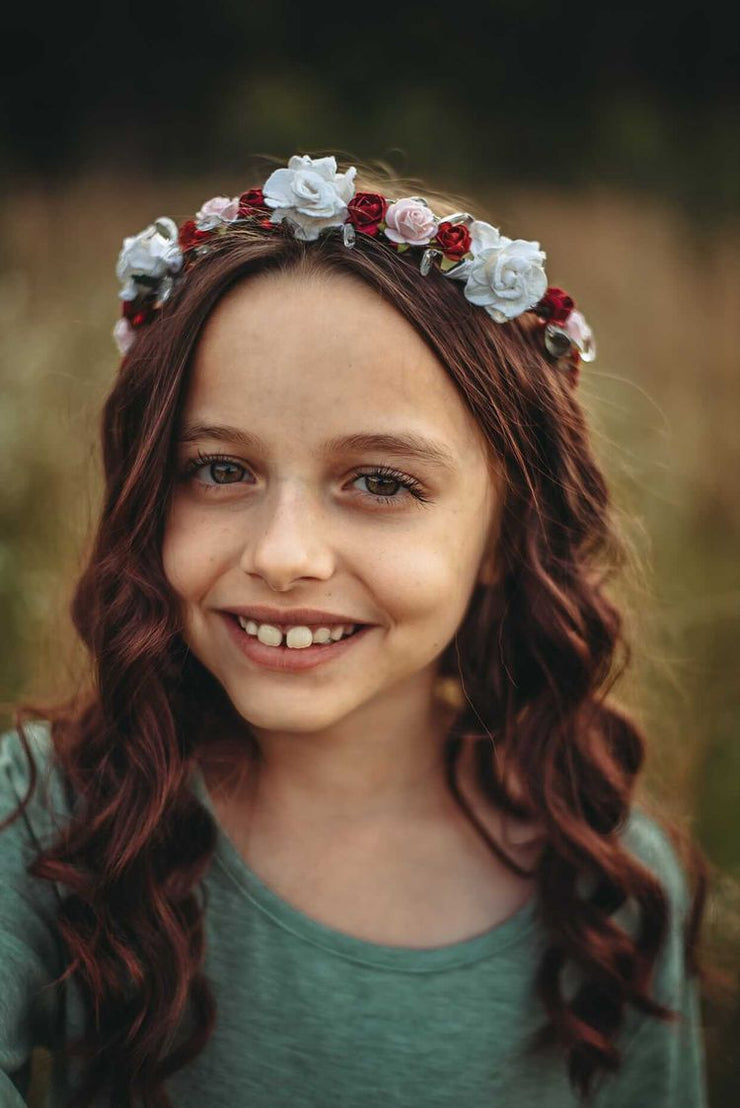 Handcrafted Burgundy White and Pink Flower Girl Crown