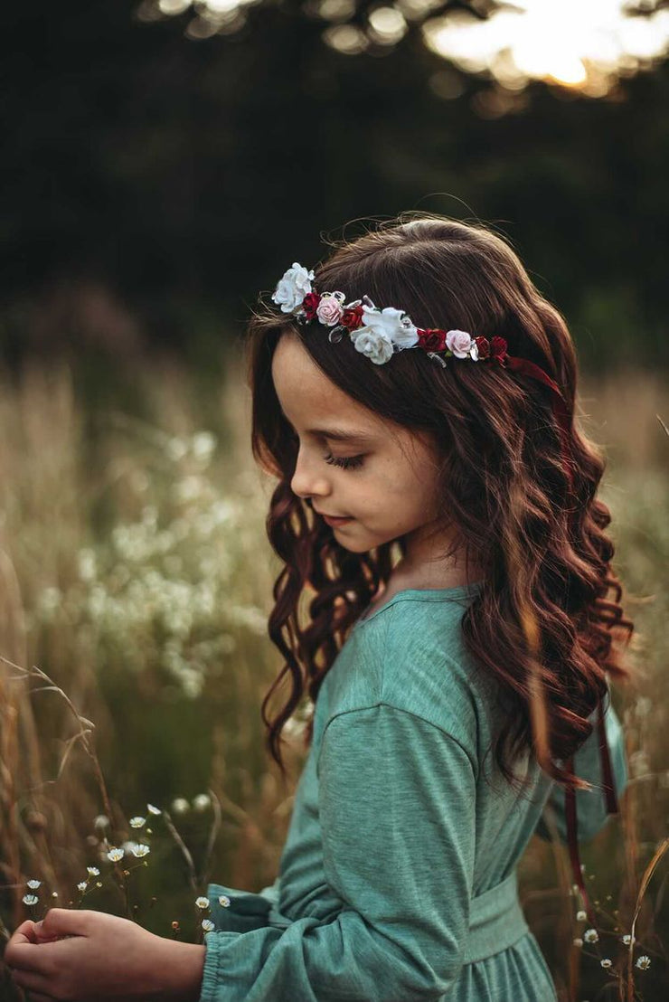Handcrafted Burgundy White and Pink Flower Girl Crown