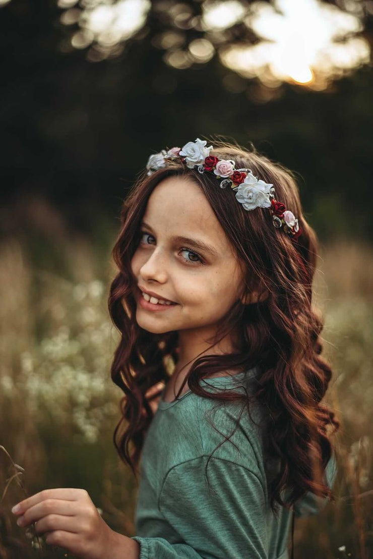 Handcrafted Burgundy White and Pink Flower Girl Crown