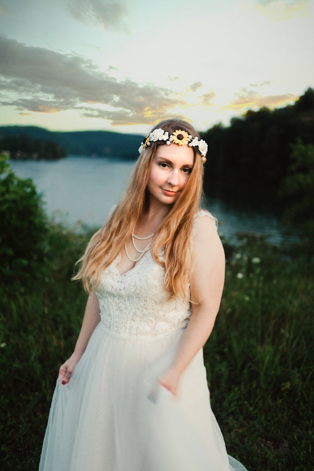 Handcrafted Sunflower Pearl Crown