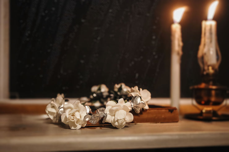 Handcrafted Snowy White and Silver Eucalyptus Flower Crown