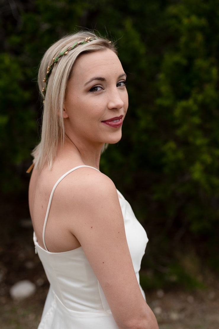 Handcrafted Simple Gold and Green Leaf Crown