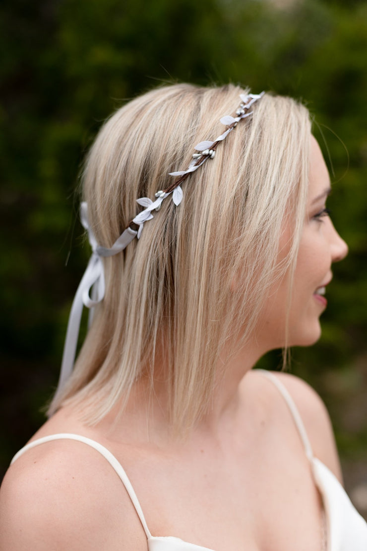 Handcrafted Silver and White Simple Crown Minimalist Bridal Headband Rustic Bridesmaid Hair Accessory New Years
