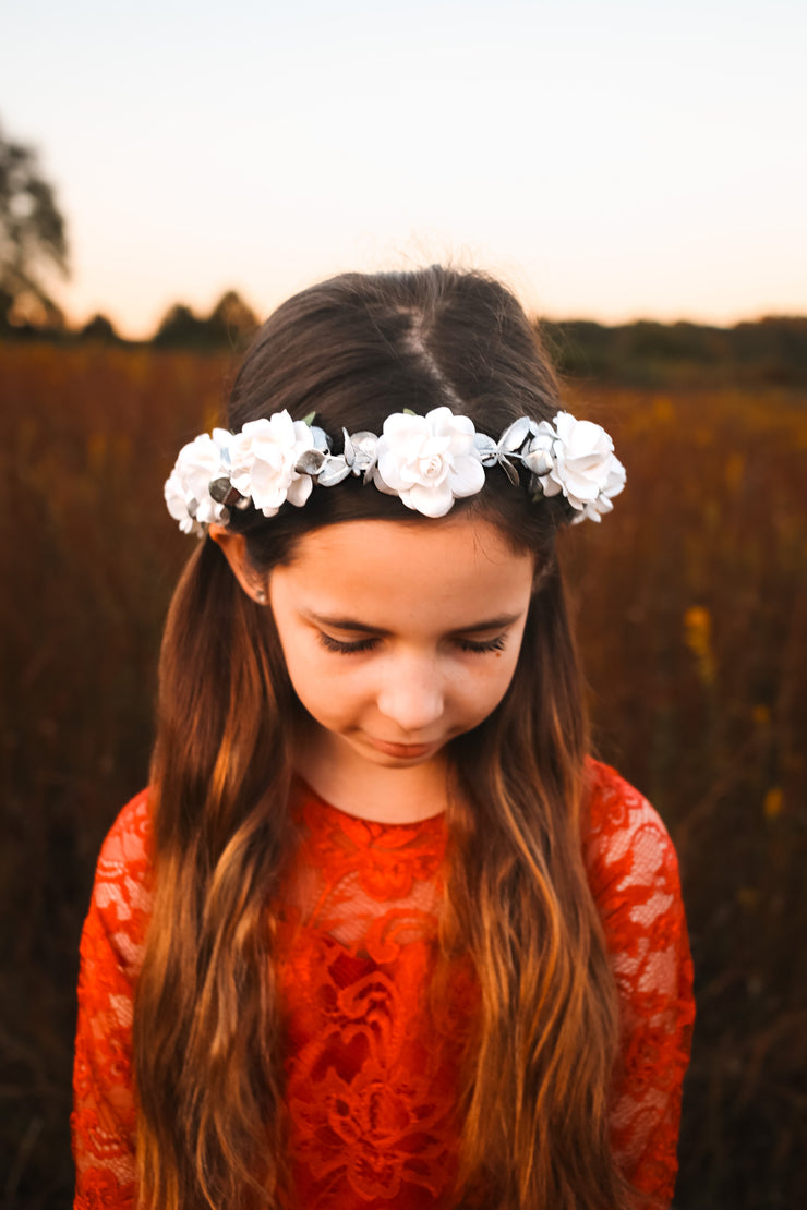 Handcrafted Snowy White and Silver Eucalyptus Flower Crown