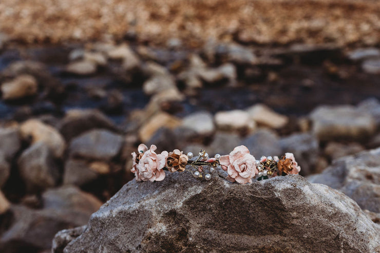 Handcrafted Blush and Gold Goddess Flower Crown