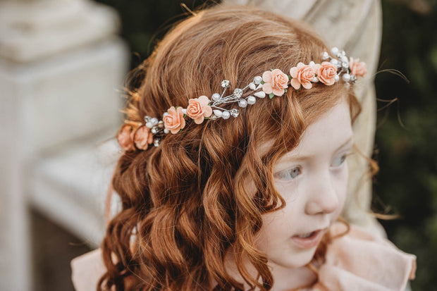 Handcrafted Peach Rose Pearl Branch Flower Crown